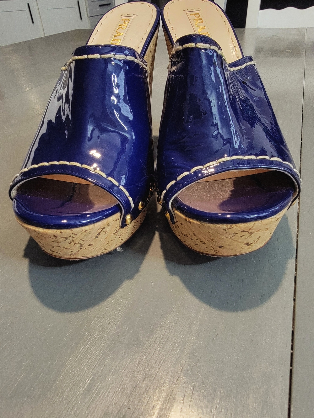 PRADA Royal Blue Patent Leather Studded Cork Platform Mules Sandals Size 40 - Picture 8 of 9